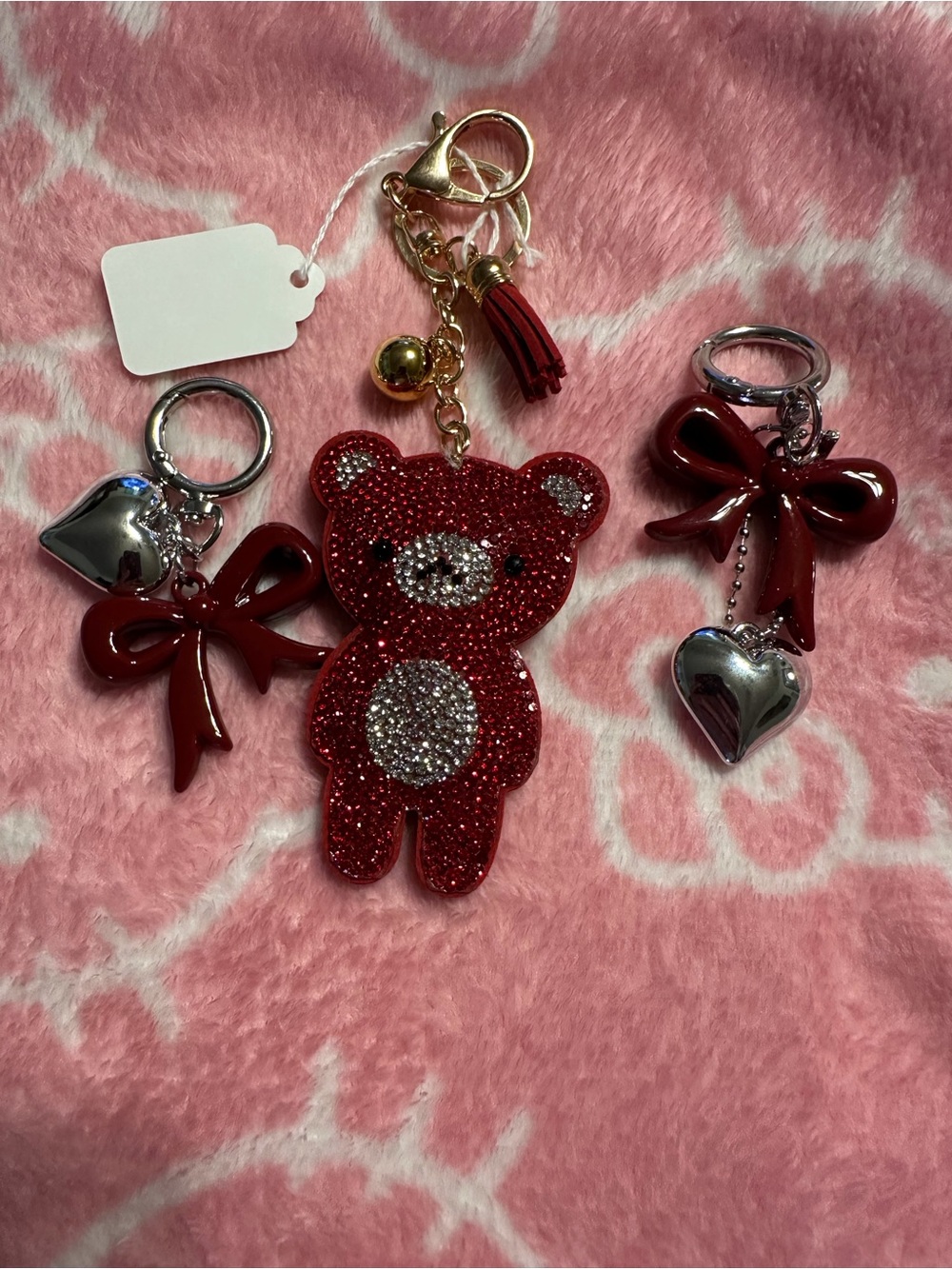Red Rhinestone Bear Keychain with Red Bow & Silver Heart Charms